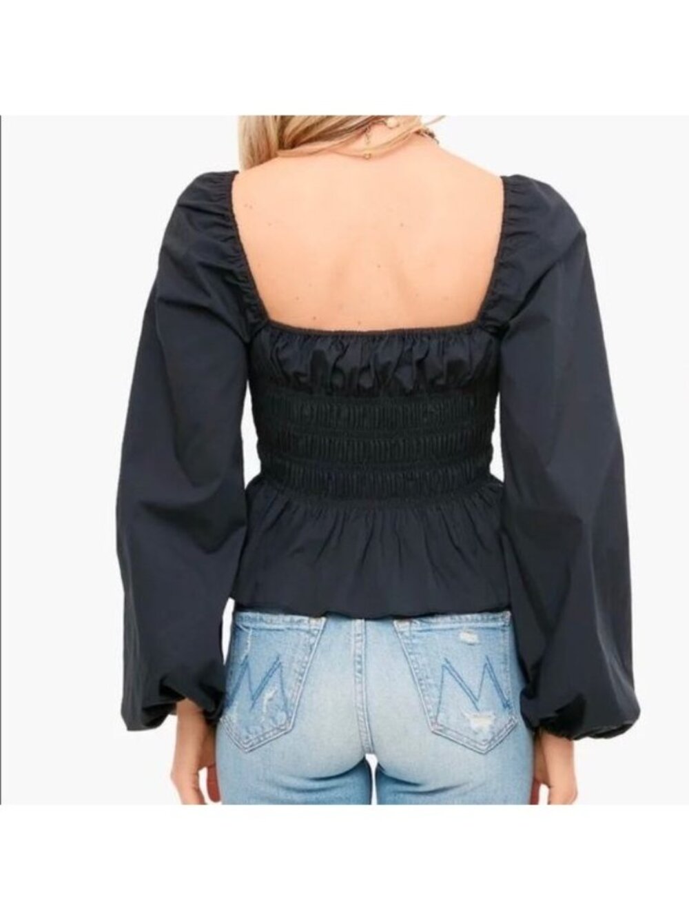 STAUD Jules Smocked Puff-Sleeve Peplum Top Black Women's Large New With Tag - Picture 2 of 5